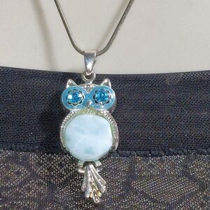 Vintage Larimar Belly Owl Pendant On Silver Tone Chain Necklace
